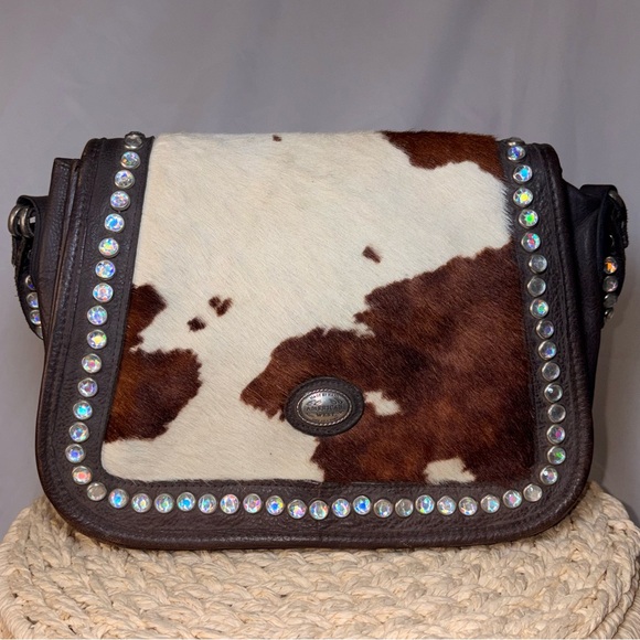 American West Handbags - American West Cowhide Leather Shoulder Bag Western Boho Rhinestone Studded Purse